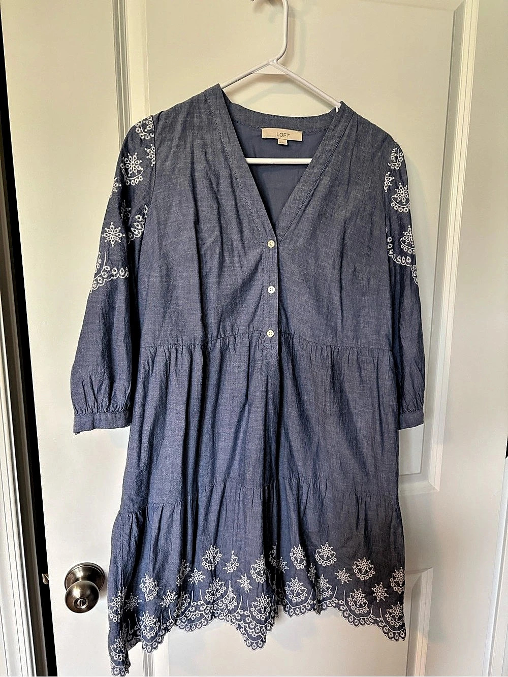 LOFT Embroidered  Dress in Blue Size Medium Like New